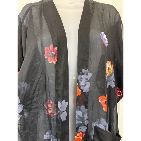 Rachel Zoe Black Floral Sheer Duster Cardigan Kimono One Size Boho Festival Chic - Picture 3 of 9